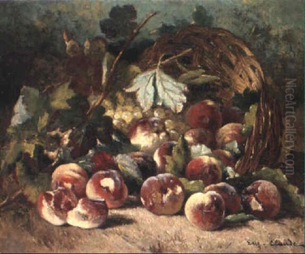 Peaches And Grapes In A Basket On A Mossy Bank Oil Painting by Eugene Claude