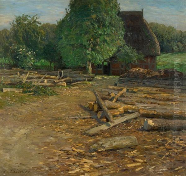 Norddeutsches Bauernhaus Im Sommer, Im Vordergrund Holzfaller Beim Bearbeiten Der Baumstamme Oil Painting by Wilhelm Ludwig Heinrich Claudius