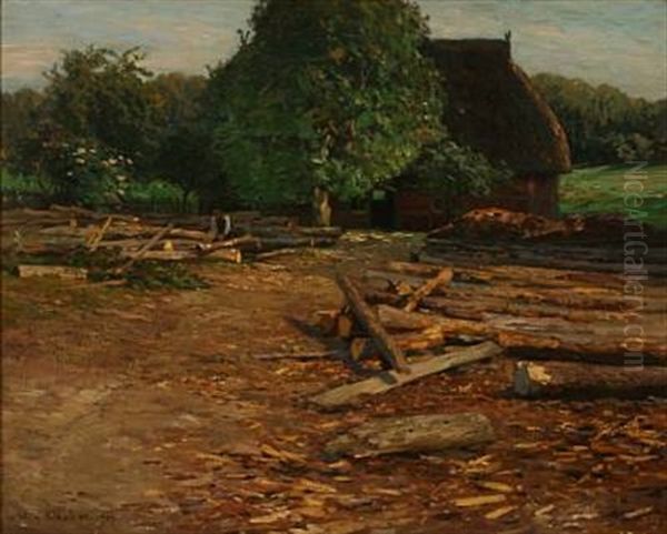 A Man Chopping Wood In Front Of A Farm House Oil Painting by Wilhelm Ludwig Heinrich Claudius