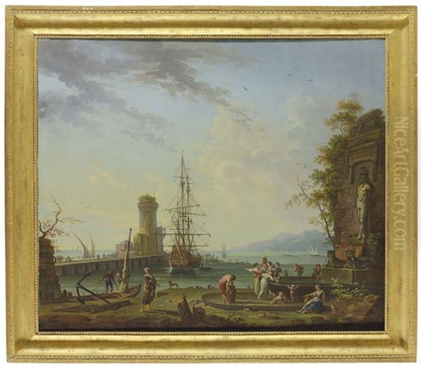 A Mediterranean Port With Washerwomen And Figures At A Fountain Oil Painting by Jean Baptiste Charles Claudot