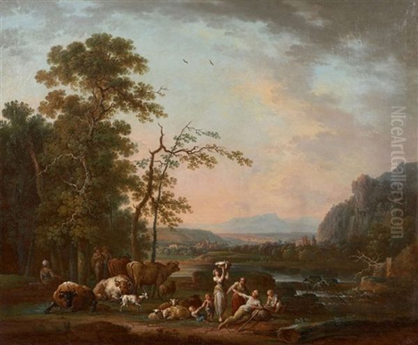 Halte D'une Famille De Berger Au Bord D'une Riviere Oil Painting by Jean Baptiste Charles Claudot