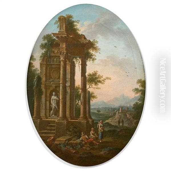 Ruines Antiques Dans Un Paysage Anime De Figures Oil Painting by Jean Baptiste Charles Claudot