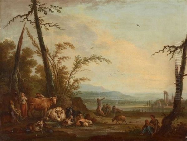 Bergers Et Leur Troupeau Dans Un Paysage Classique Oil Painting by Jean Baptiste Charles Claudot