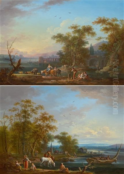 Pair Of Works: Fishing Scene And Mediterranean Landscape With Figures Oil Painting by Jean Baptiste Charles Claudot