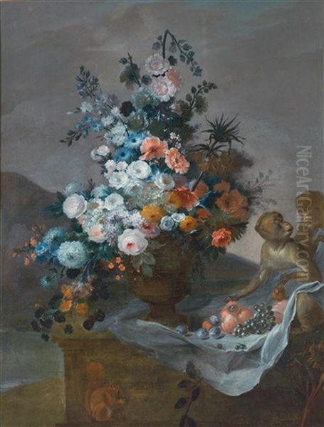 A Still Life Of Flowers And Fruit With A Monkey Oil Painting by Jean Baptiste Charles Claudot