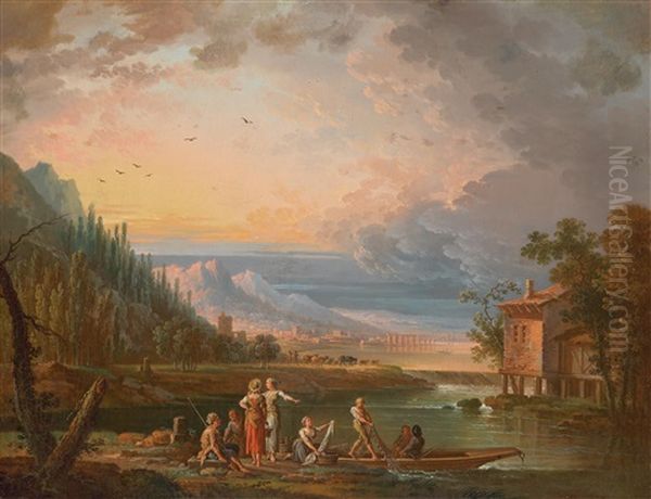 Eine Arkadische Landschaft Mit Fischern Beim Einholen Ihrer Netze Oil Painting by Jean Baptiste Charles Claudot