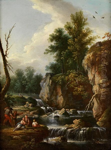 Flusslandschaft Mit Rastenden Am Ufer Oil Painting by Jean Baptiste Charles Claudot