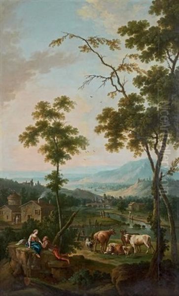 Paysage Avec Un Couple De Bergers Et Leur Troupeau Oil Painting by Jean Baptiste Charles Claudot