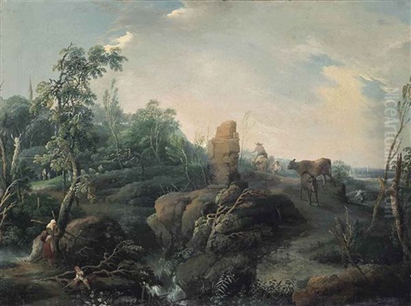 An Extensive Landscape With Travellers On A Hillock, A Ruin In The Foreground Oil Painting by Jean Baptiste Charles Claudot