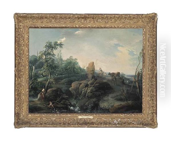 An Extensive Landscape With Travellers On A Hillock, A Ruin In The Foreground Oil Painting by Jean Baptiste Charles Claudot