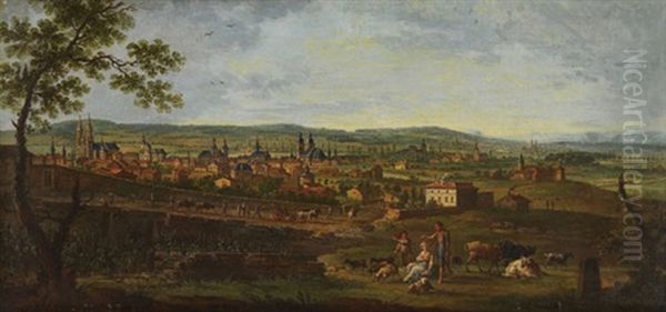 Stadtpanorama In Weitem Flusstal (lothringen?) Oil Painting by Jean Baptiste Charles Claudot