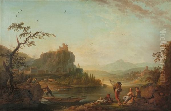 Paysage Traverse Par Une Riviere Avec Pecheurs Et Villageoises Oil Painting by Jean Baptiste Charles Claudot