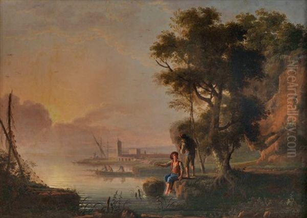 Scene De Peche Oil Painting by Jean Baptiste Charles Claudot