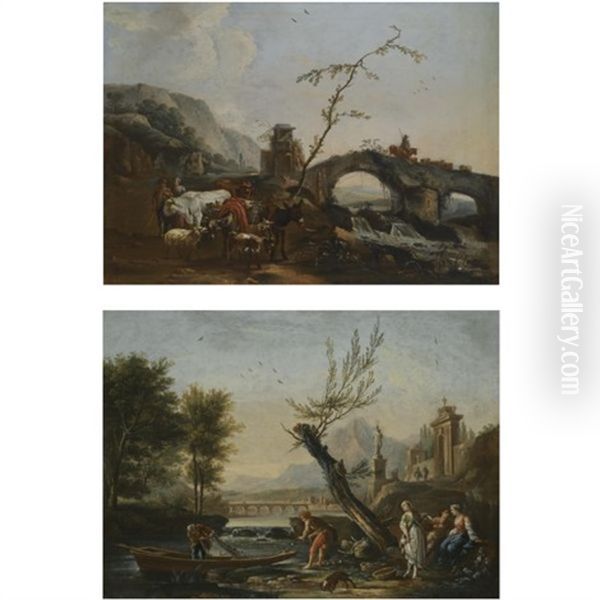 An Italianate Landscape With A Bridge And The Gates Of A Villa In The Background, Figures Fishing In The Foreground (+ An Italianate Landscape With Herdsmen Crossing A Bridge, Smllr; Pair) Oil Painting by Jean Baptiste Charles Claudot