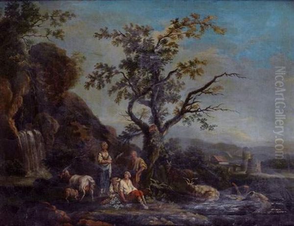 Patre Et Sa Famille Au Milieu De Ses Chevres Pres D'une Cascade Oil Painting by Jean Baptiste Charles Claudot