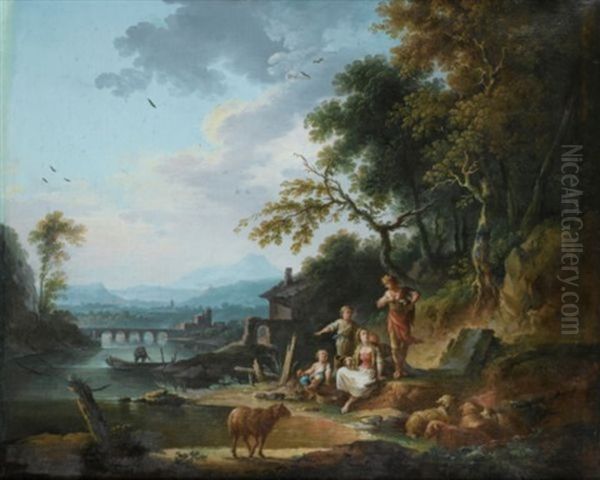 Le Repos D'une Famille De Paysans Dans Un Paysage De Riviere Oil Painting by Jean Baptiste Charles Claudot