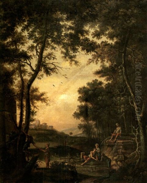 Paysage De La Campagne Romaine Avec Six Personnages Pres D'une Fontaine Oil Painting by Jean Baptiste Charles Claudot