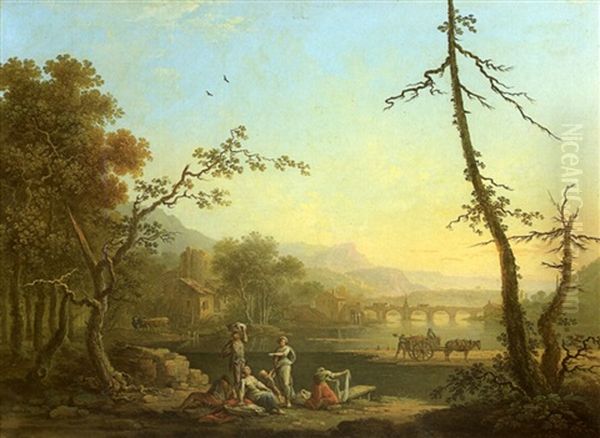 Lavandieres Devant Un Paysage De Riviere Oil Painting by Jean Baptiste Charles Claudot