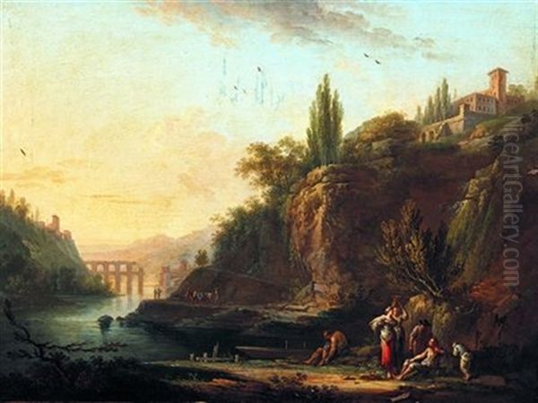 Le Repos Des Promeneurs Et Des Lavandieres Pres D'une Riviere Oil Painting by Jean Baptiste Charles Claudot