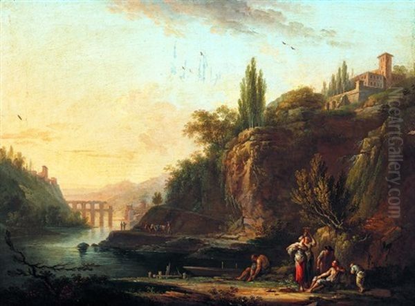 Le Repos Des Promeneurs Et Des Lavandieres Pres D'une Riviere Oil Painting by Jean Baptiste Charles Claudot