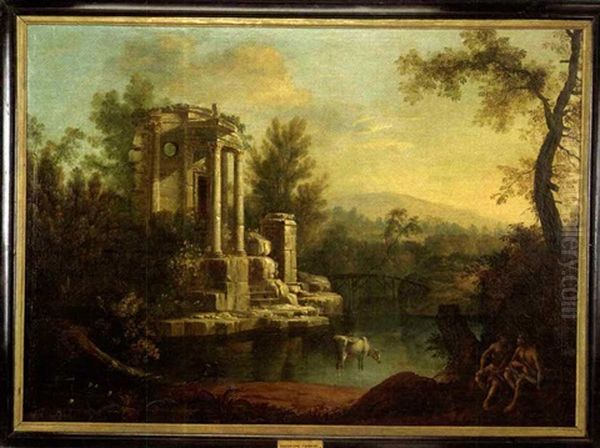 A Landscape With Figures By A Classical Ruin Oil Painting by Jean Baptiste Charles Claudot