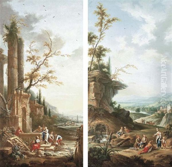 A Landscape With Peasants Washing Laundry At A Fountain (+ A Landscape With Peasants Fishing And Resting By A River; Pair) Oil Painting by Jean Baptiste Charles Claudot