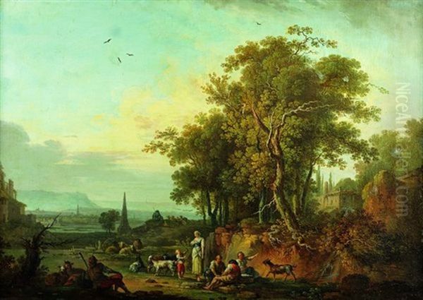 Paysans Et Leur Troupeau Se Reposant Dans Un Vaste Paysage Lacustre Oil Painting by Jean Baptiste Charles Claudot