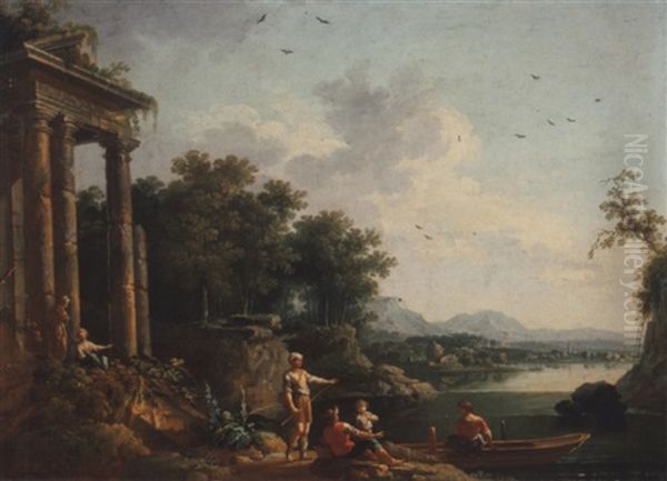 Une Famille De Pecheurs Devant Les Ruines D'un Temple Oil Painting by Jean Baptiste Charles Claudot