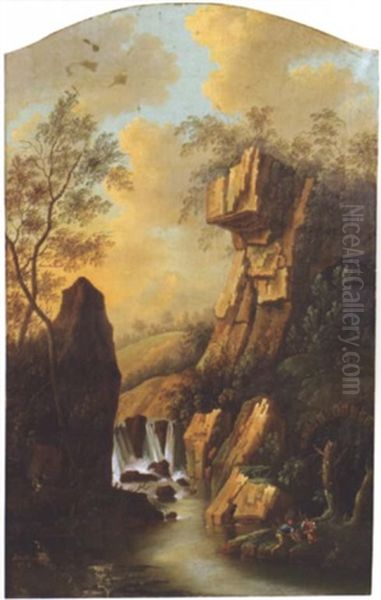 Pecheurs Au Pied D'une Cascade Oil Painting by Jean Baptiste Charles Claudot