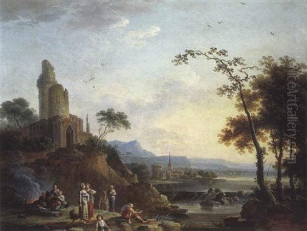 Paysage Anime De Pecheurs Et D'une Cascade Aupres D'une Ruine Oil Painting by Jean Baptiste Charles Claudot