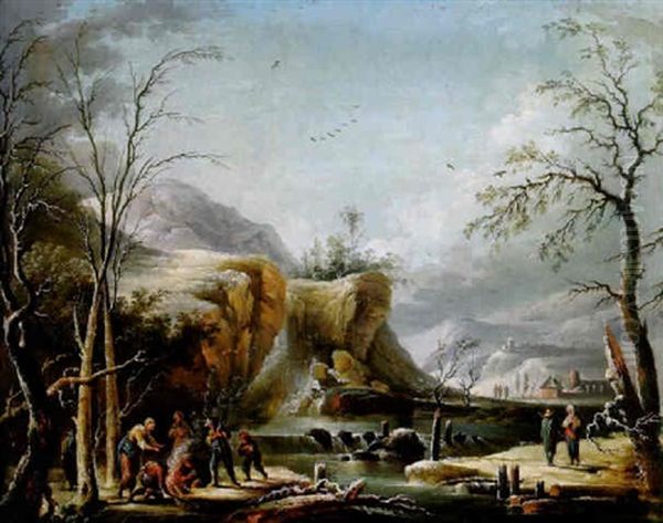 Gebirgige Winterlandschaft Mit Einem Wasserfall Und Figuren, Allegorie Des Winters Oil Painting by Jean Baptiste Charles Claudot