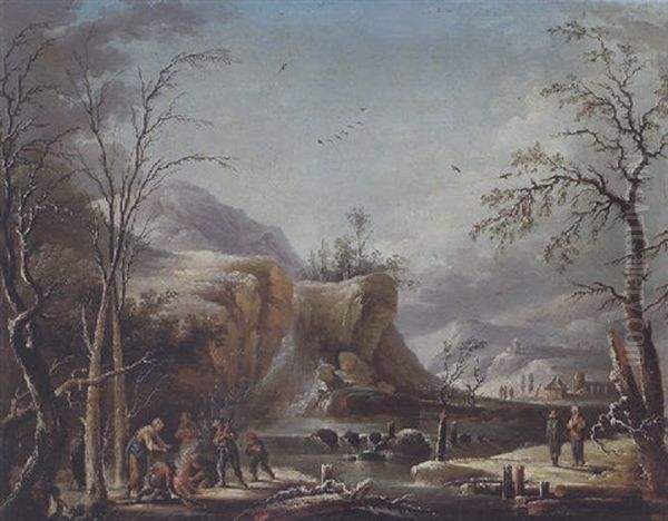 Gebirgige Winterlandschaft Mit Einem Wasserfall Und Figuren - Allegorie Des Winters Oil Painting by Jean Baptiste Charles Claudot