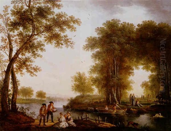 A River Landscape With Elegant Figures Beside A Ferry Oil Painting by Jean Baptiste Charles Claudot