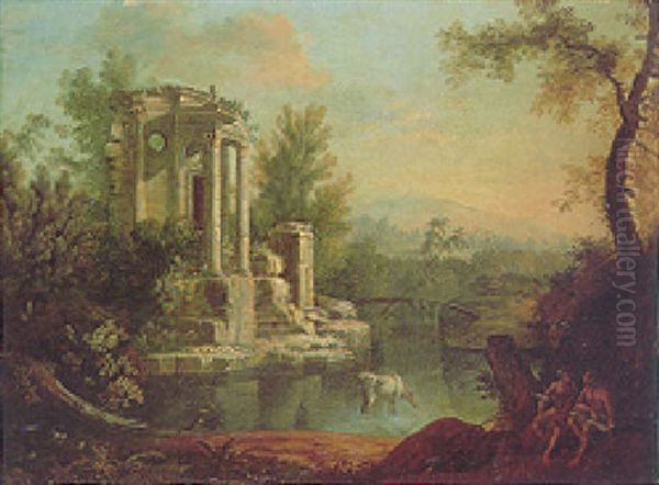 An Evening Landscape With Classical Figures Resting Beside A River, Roman Ruins And Mountains Beyond by Jean Baptiste Charles Claudot