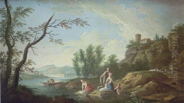 Les Lavandieres Pres D'une Riviere Oil Painting by Jean Baptiste Charles Claudot