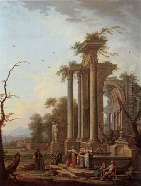 An Architectural Capriccio With Ruins, The Farnese Hercules, And Figures Resting By A Fountain by Jean Baptiste Charles Claudot