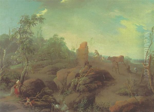 An Extensive Landscape With Travellers On A Hillock, A Ruin In The Foreground Oil Painting by Jean Baptiste Charles Claudot