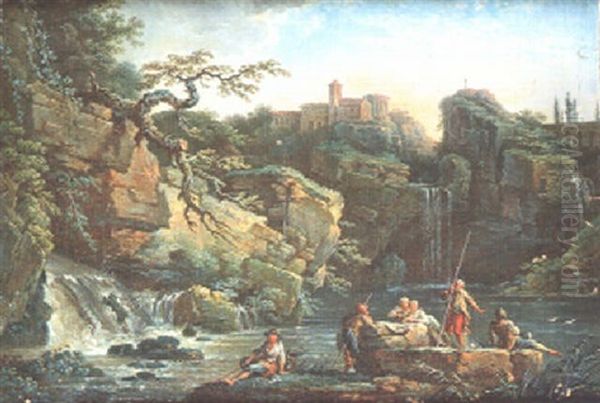 Pecheurs Pres De La Cascade Et Du Temple A Napoli Oil Painting by Jean Baptiste Charles Claudot