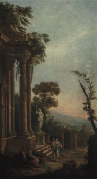 Paysage Avec Ruines De Palais Imaginaire Et Personnages Oil Painting by Jean Baptiste Charles Claudot