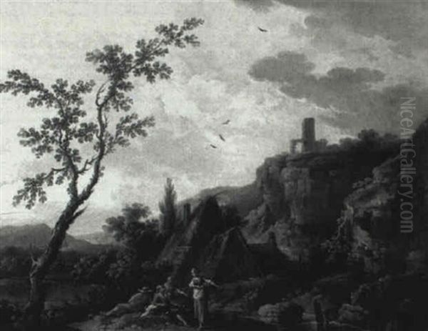 Figures Resting In A Mountainous Landscape by Jean Baptiste Charles Claudot