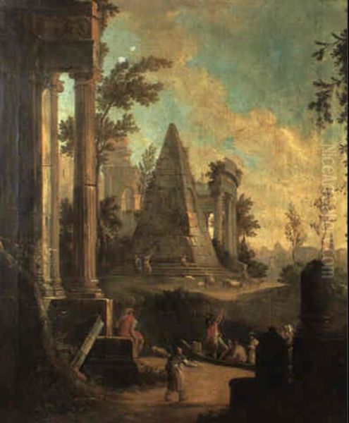 Capriccio Of Figures Amid Roman Ruins With The Pyramid Of Cestius Oil Painting by Jean Baptiste Charles Claudot