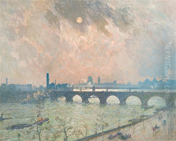 The Thames And Waterloo Bridge In London (1918) Oil Painting by Emile Claus