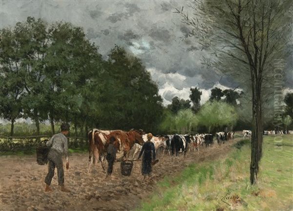 Returning To The Farm (ca. 1880) Oil Painting by Emile Claus