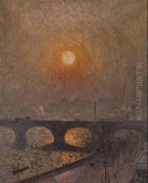 Sunset Over Waterloo Bridge - Zonsondergang Bij Waterloo Bridge Oil Painting by Emile Claus