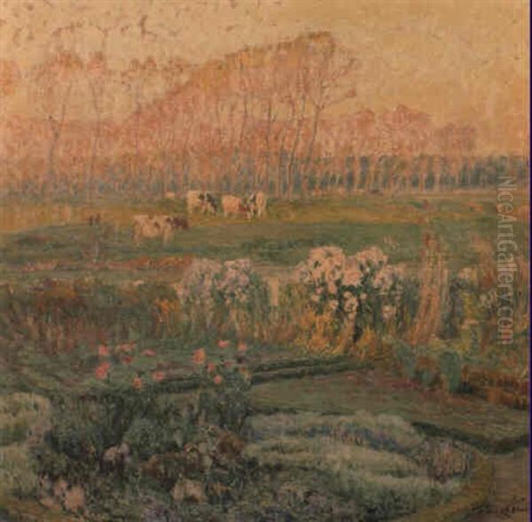 Landscape With Flowers And Cows In A Meadow Beside The Leie (lys) Oil Painting by Emile Claus