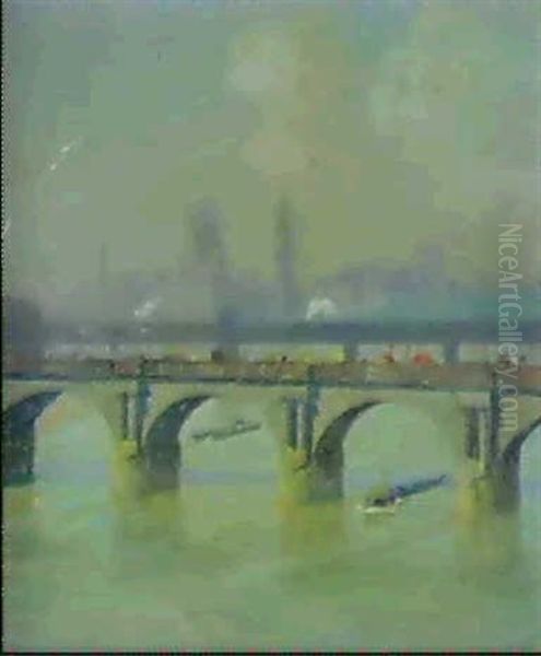 Waterloo Bridge And Hungerford Bridge With The Houses Of    Parliament Beyond Oil Painting by Emile Claus