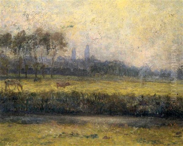 A Landscape With A Village Beyond Oil Painting by Emile Claus