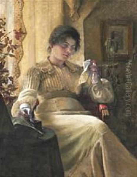 Interior With A Young Melancholic Woman With Her Needlework Oil Painting by Christian Valdemar Clausen