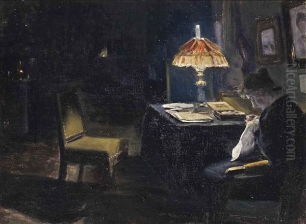 Sewing In Lamplight Oil Painting by Christian Valdemar Clausen