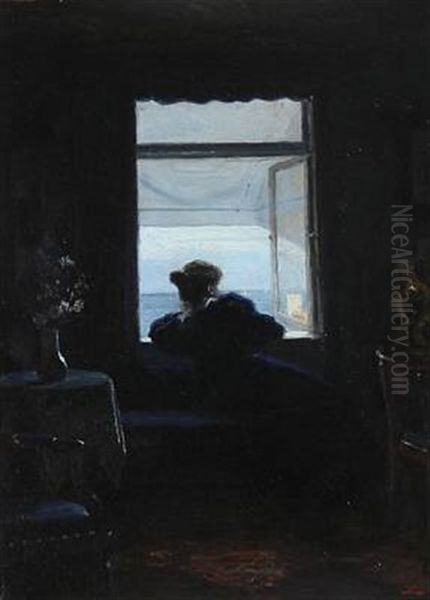 Interior With A Woman Looking Out The Window Oil Painting by Christian Valdemar Clausen